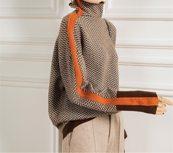 Women's herringbone turtleneck jumper with contrast sleeve trim