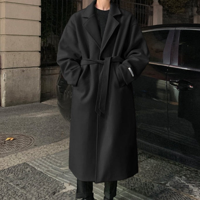 Longline belted overcoat with notch lapels and side pockets