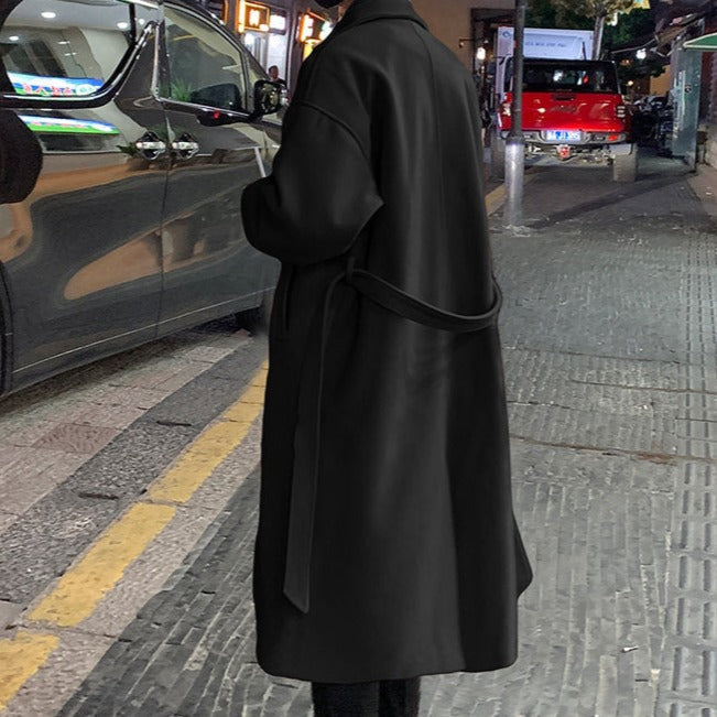 Longline belted overcoat with notch lapels and side pockets