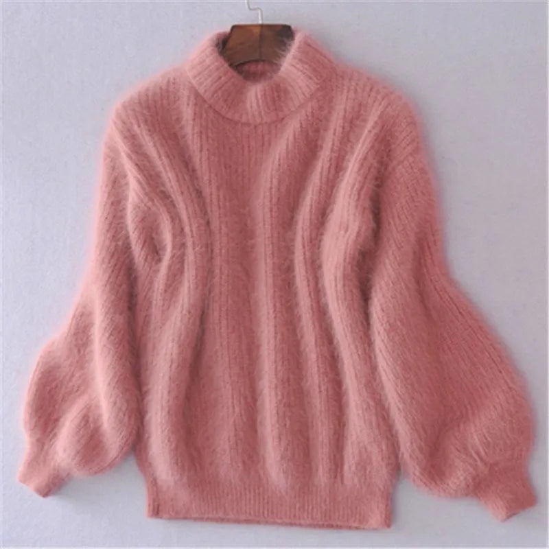Women's high neck jumper with long balloon sleeves and ribbed trims