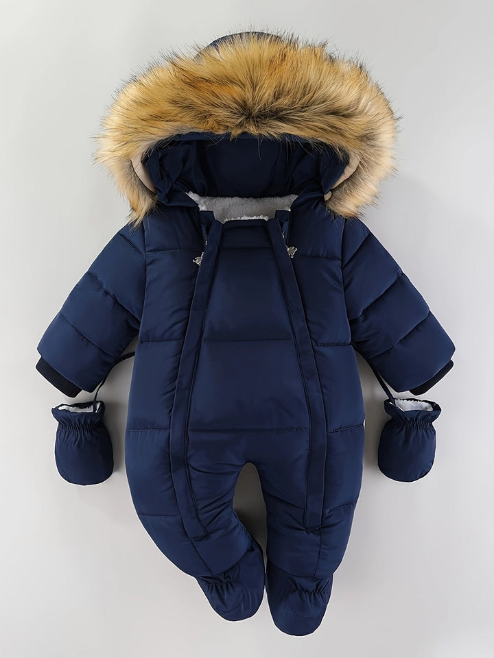 Quilted hooded baby snowsuit with fur trim, enclosed feet and matching mittens