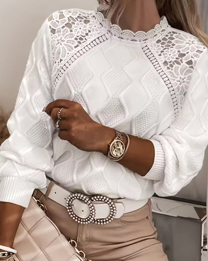 Women's white textured jumper with lace yoke and long sleeves