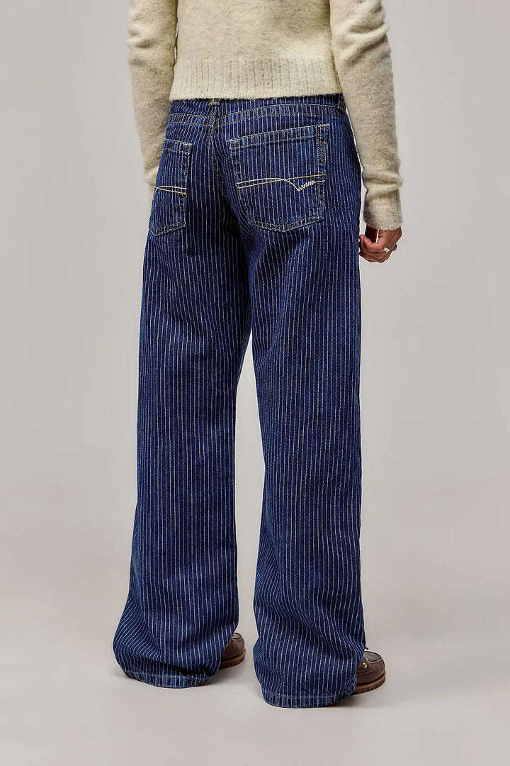 Women's wide-leg pinstripe jeans with high-rise waist and front pockets