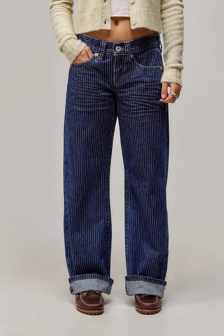 Women's wide-leg pinstripe jeans with high-rise waist and front pockets