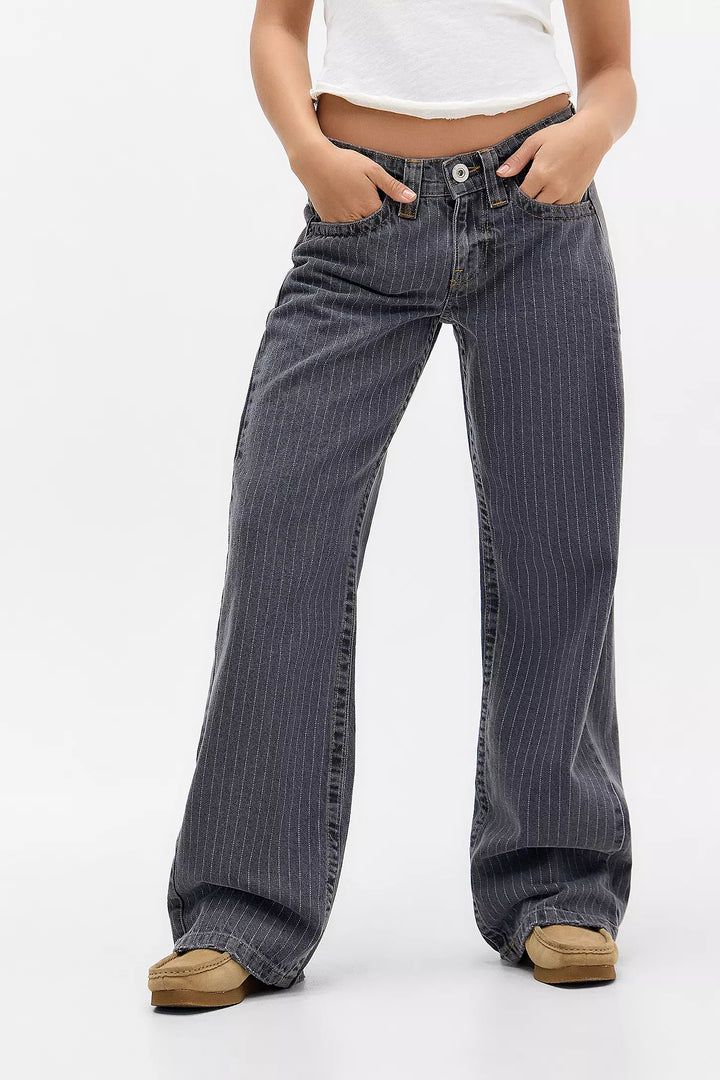 Women's wide-leg pinstripe jeans with high-rise waist and front pockets
