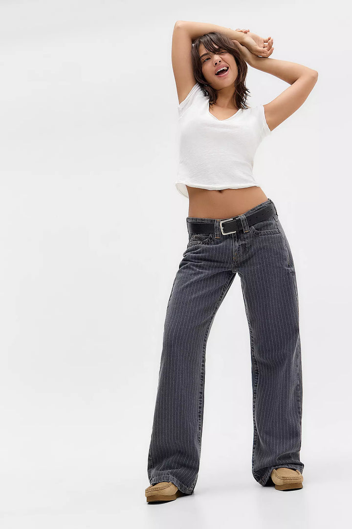 Women's wide-leg pinstripe jeans with high-rise waist and front pockets