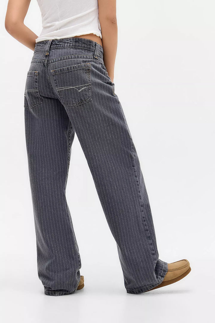 Women's wide-leg pinstripe jeans with high-rise waist and front pockets