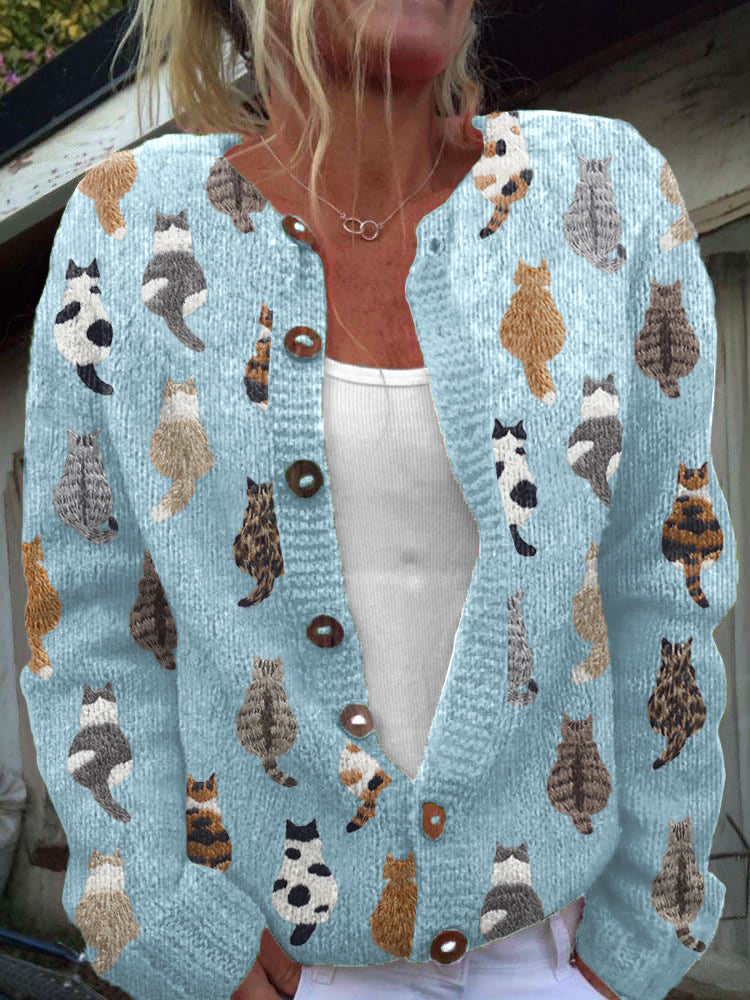 Women's cardigan with an all-over cat print, round neckline, long sleeves and button front