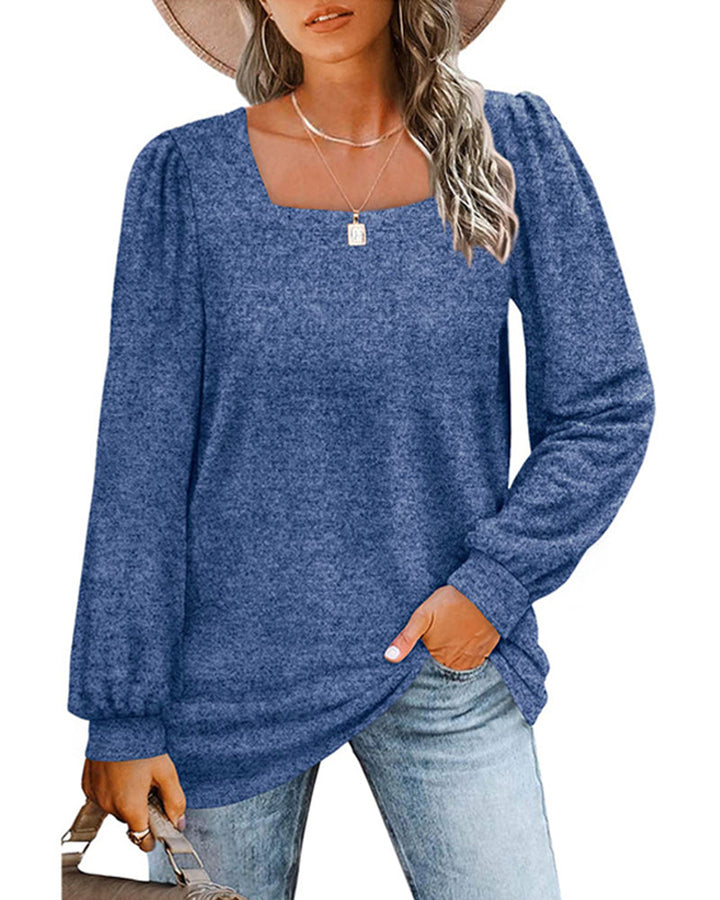 Women's plain square neck blouse with long gathered sleeves and relaxed longline fit