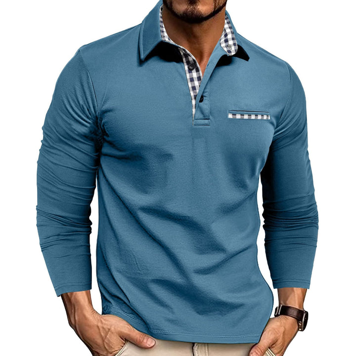 Men's long sleeve polo shirt with checked collar and chest pocket trim