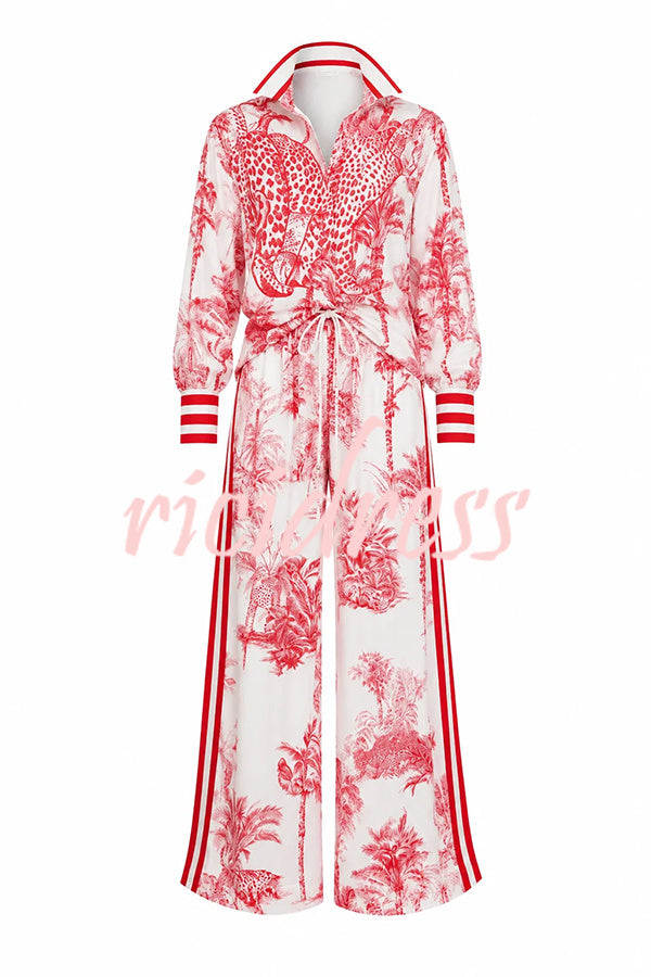 Women's red floral long-sleeved shirt and wide leg trousers set with striped trims