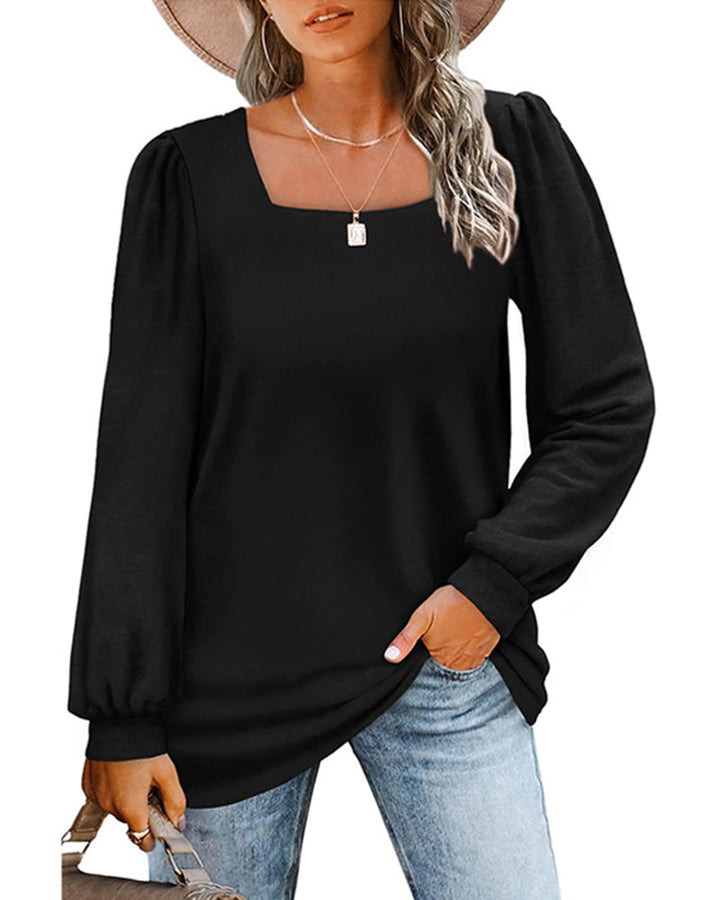 Women's plain square neck blouse with long gathered sleeves and relaxed longline fit