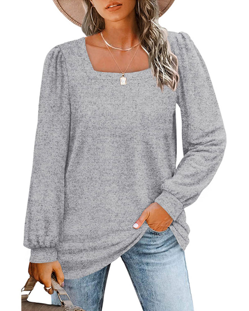 Women's plain square neck blouse with long gathered sleeves and relaxed longline fit