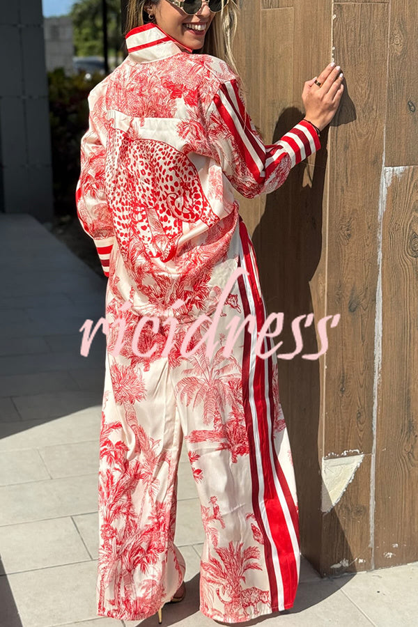 Women's red floral long-sleeved shirt and wide leg trousers set with striped trims