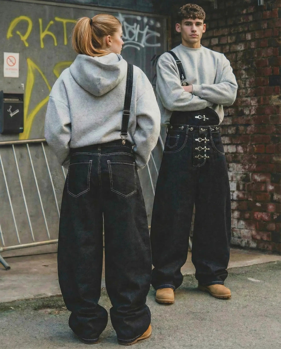 Black asymmetric denim overalls with buckle details and wide legs