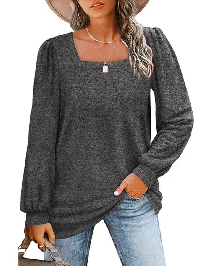 Women's plain square neck blouse with long gathered sleeves and relaxed longline fit