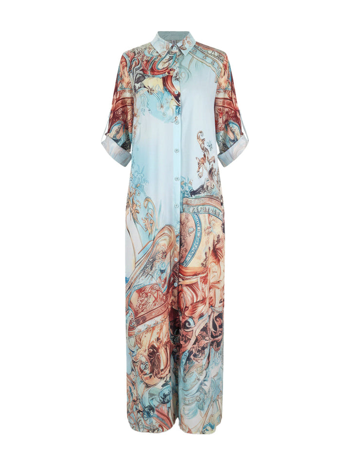 Women's blue abstract printed long-sleeve shirt maxi dress