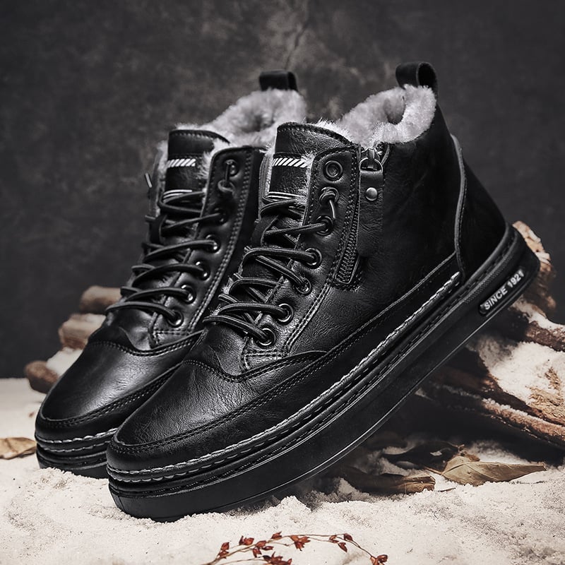 Men's lace-up ankle boots with side zipper and fur-textured lining