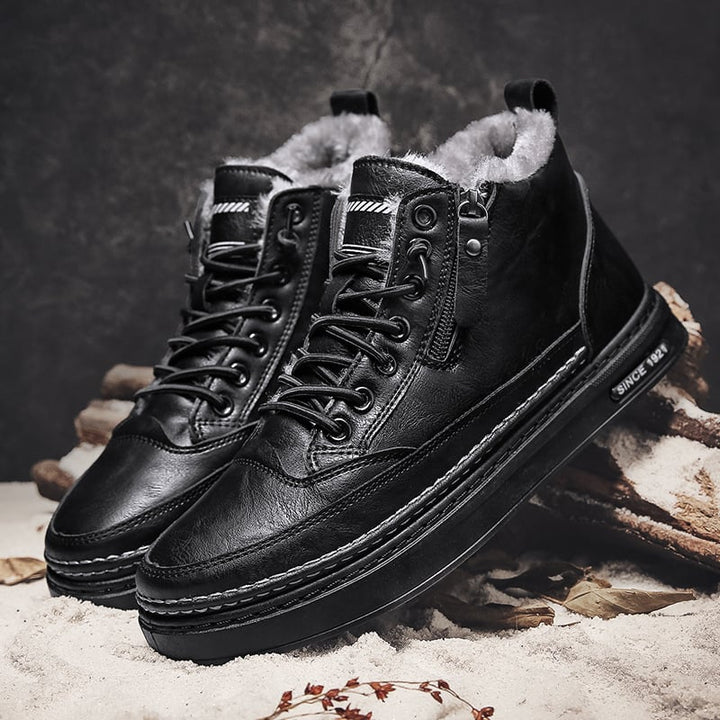 Men's lace-up ankle boots with side zipper and fur-textured lining