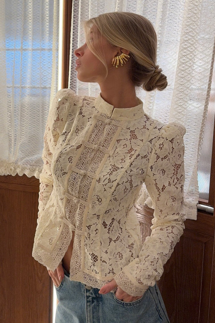 Women's white floral lace cardigan with stand collar and frog buttons