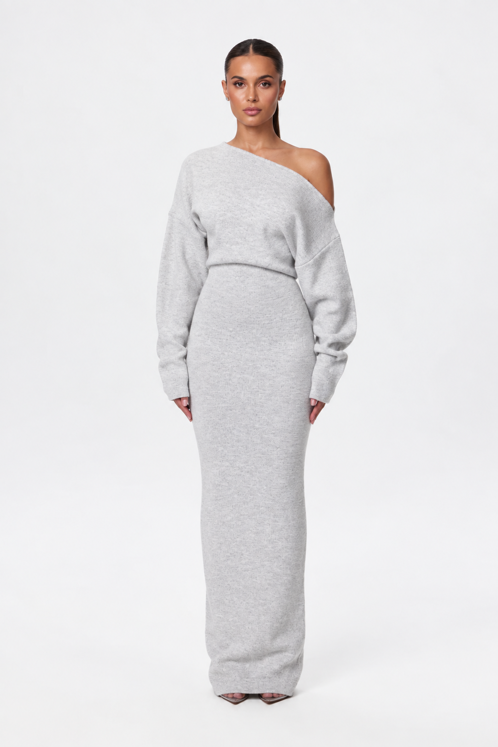Women's asymmetric knit maxi dress with long sleeves and floor-length skirt