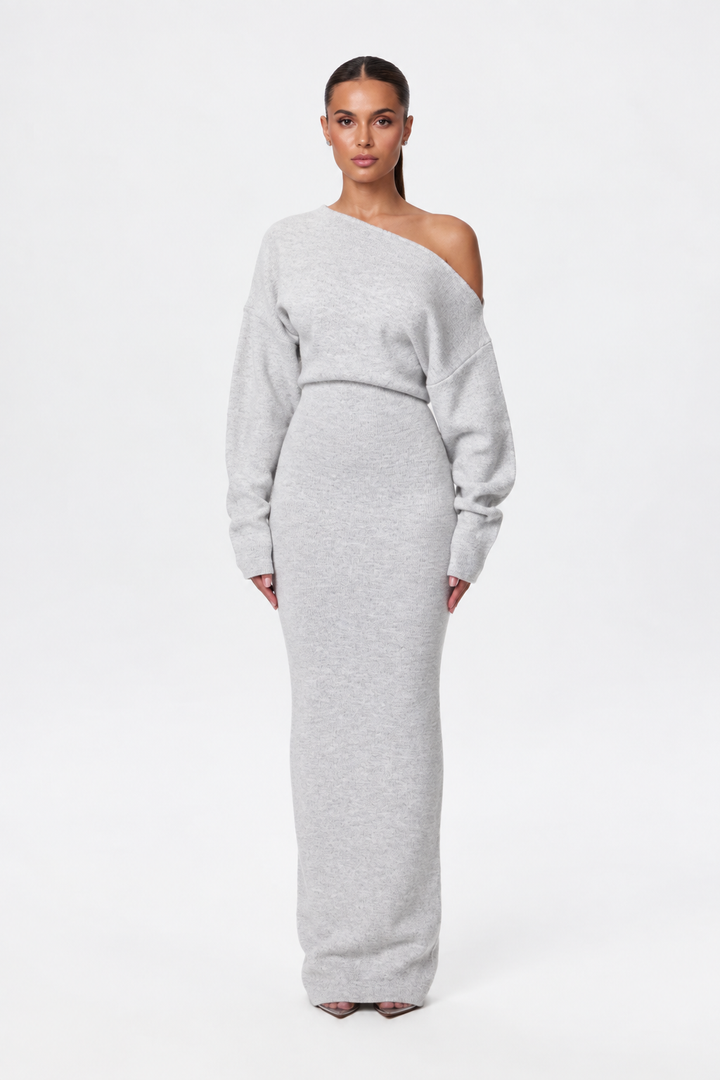 Women's asymmetric knit maxi dress with long sleeves and floor-length skirt