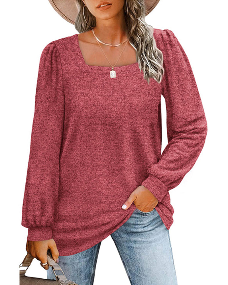 Women's plain square neck blouse with long gathered sleeves and relaxed longline fit