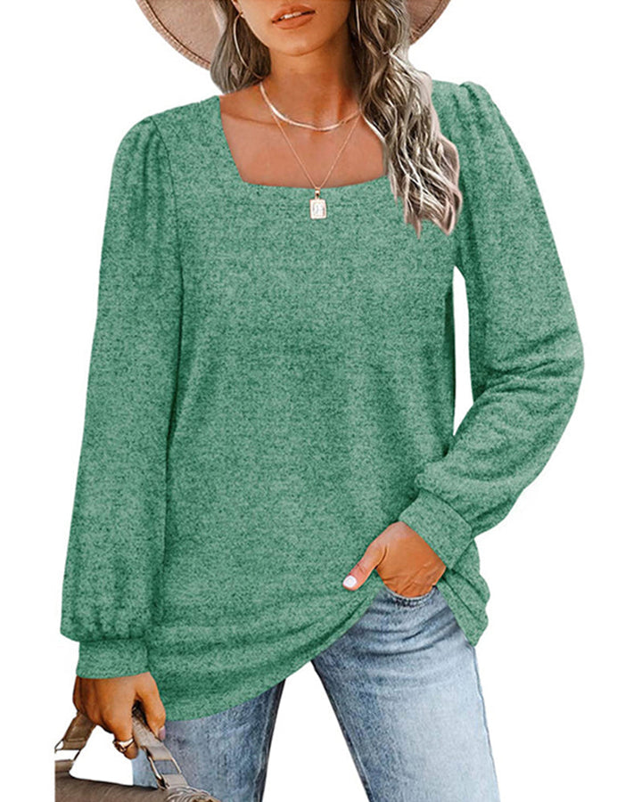 Women's plain square neck blouse with long gathered sleeves and relaxed longline fit