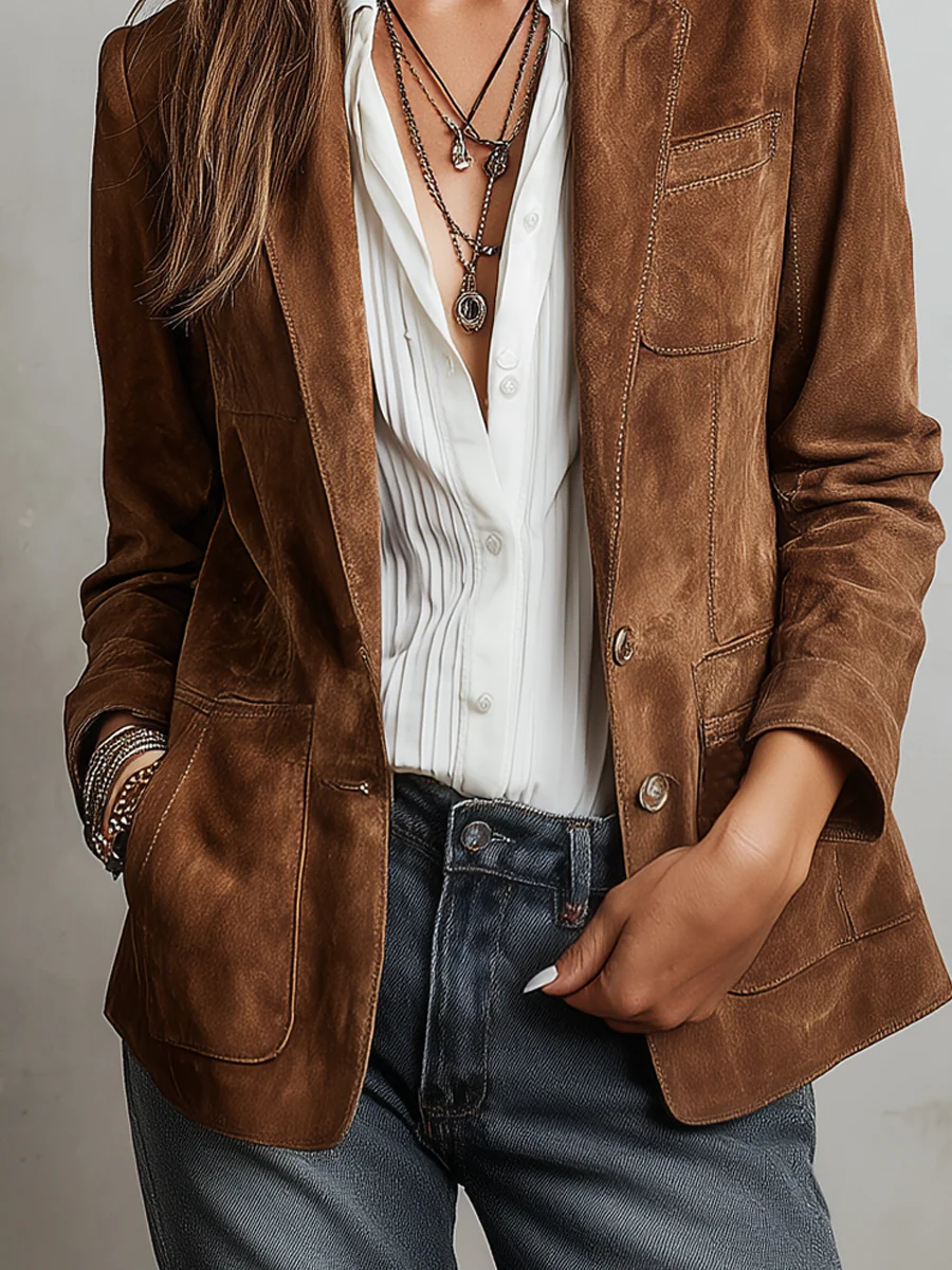 Women's brown button-front blazer with long sleeves and patch pockets