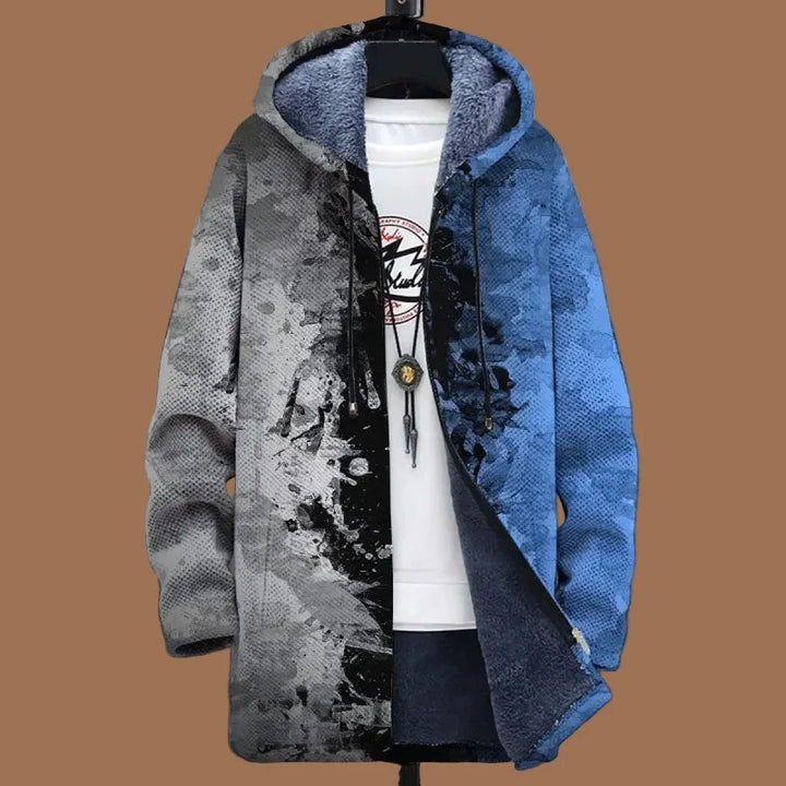 Men's hooded abstract print zip-up jacket with long sleeves