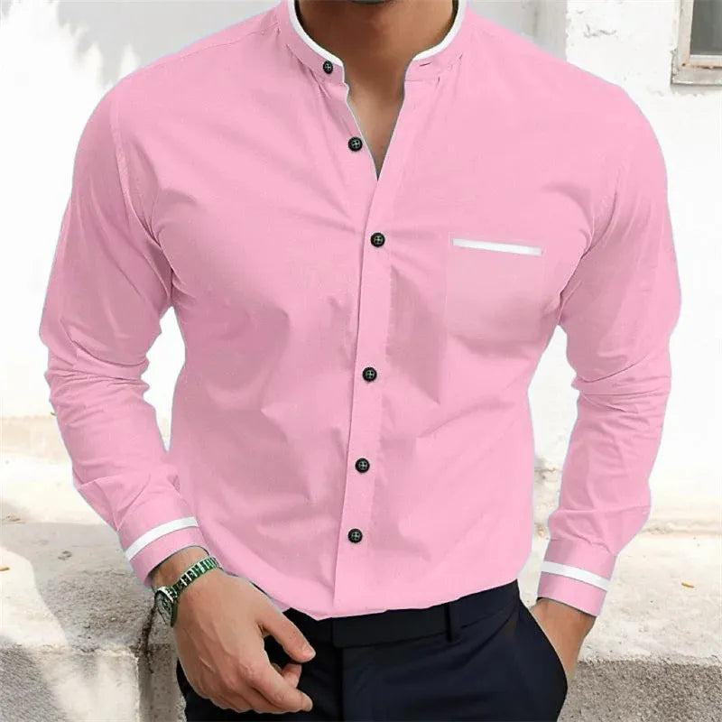 Men's long sleeve grandad collar shirt with chest pocket
