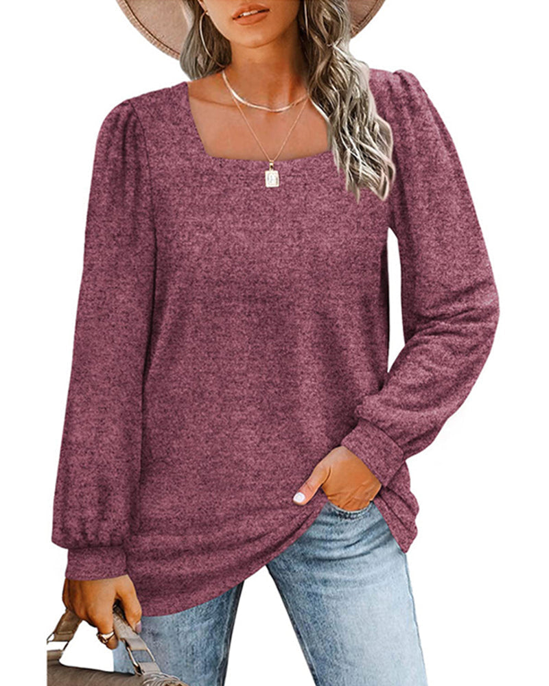 Women's plain square neck blouse with long gathered sleeves and relaxed longline fit