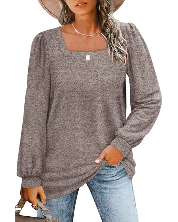 Women's plain square neck blouse with long gathered sleeves and relaxed longline fit