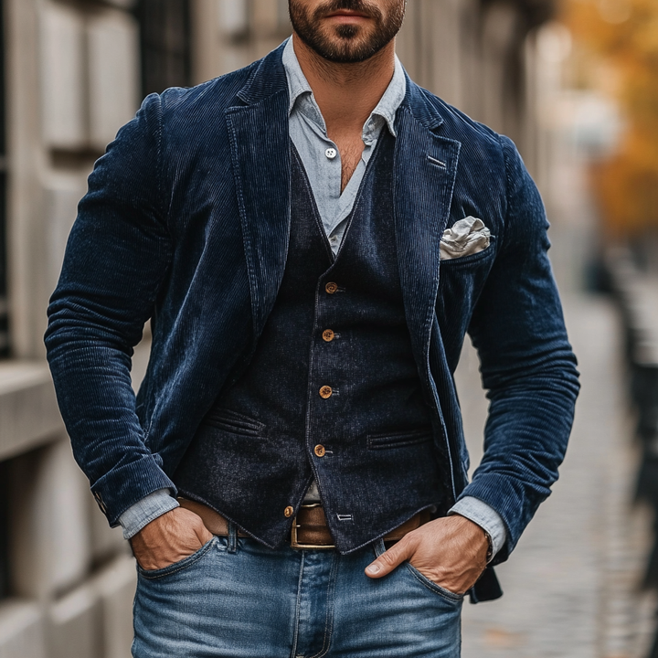 Men's textured blazer layered over a buttoned waistcoat with notched lapels