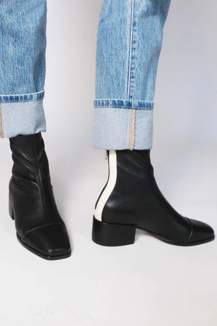 Women's black square toe ankle boots with low block heels and side zippers
