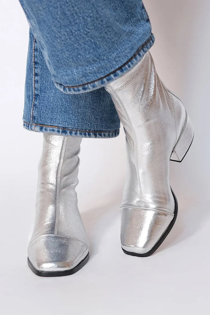 Women's silver metallic square toe ankle boots with low block heel