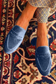 Blue velvet slip-on loafers with stitched toe detail