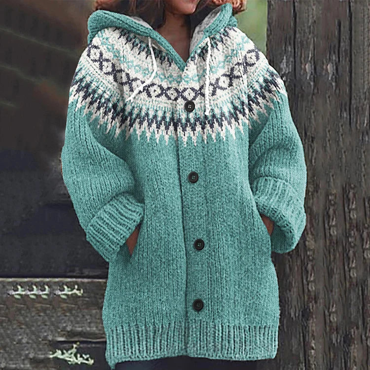Women's multicoloured Nordic patterned hooded knit cardigan with buttons and front pockets