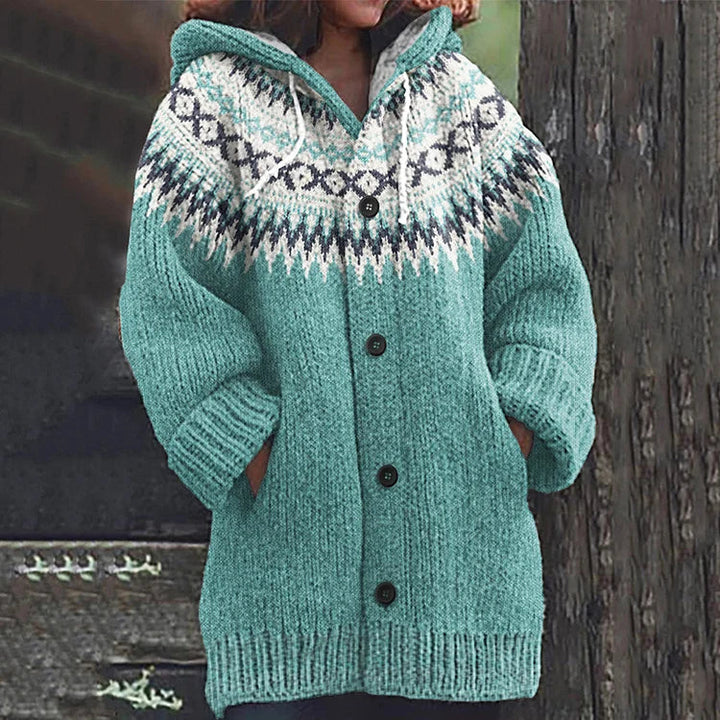 Women's multicoloured Nordic patterned hooded knit cardigan with buttons and front pockets