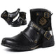 Men's ankle biker boots with buckle straps, rounded toes and decorative side panels