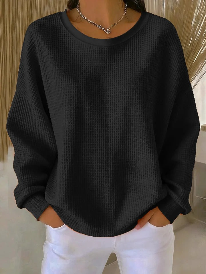 Women's textured waffle jumper with crew neck and long sleeves