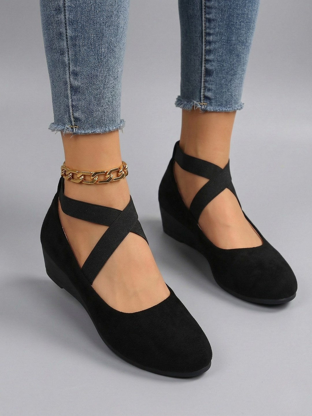 Women's Black Wedge Platform Mary Jane Shoes