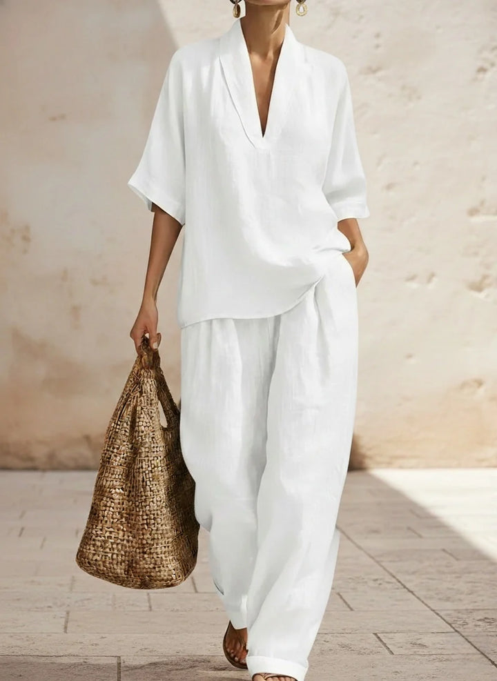 Women's two-piece V-neck linen set