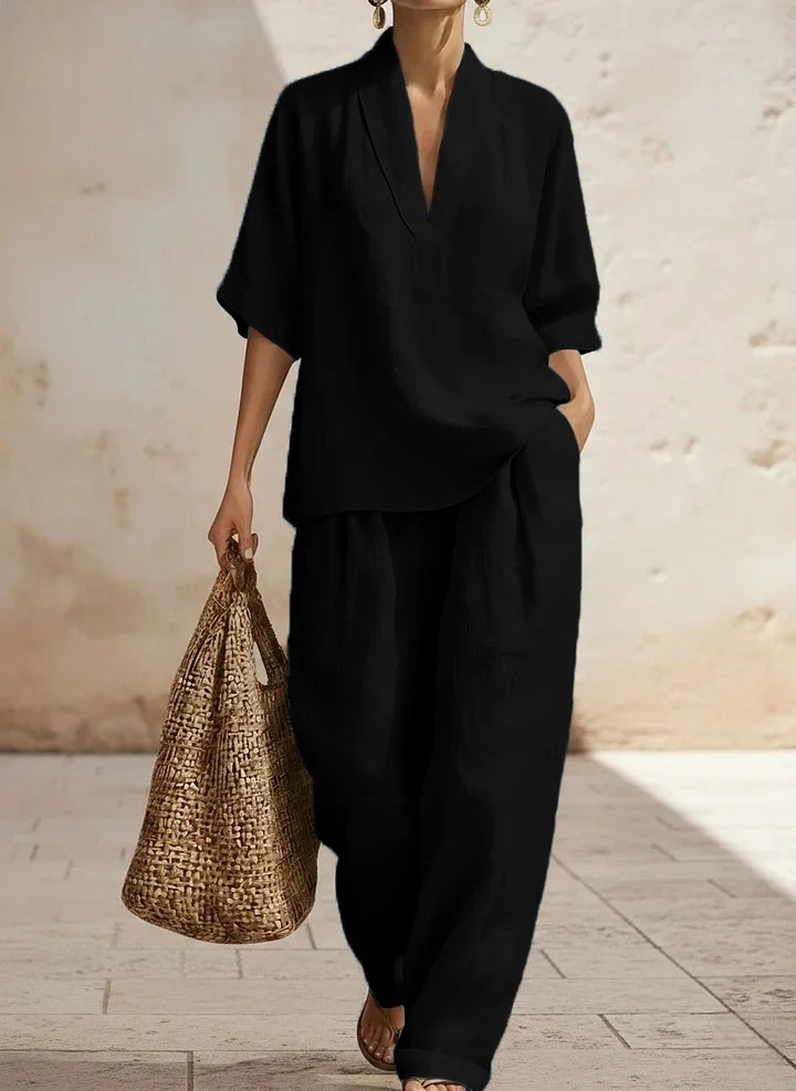 Women's two-piece V-neck linen set