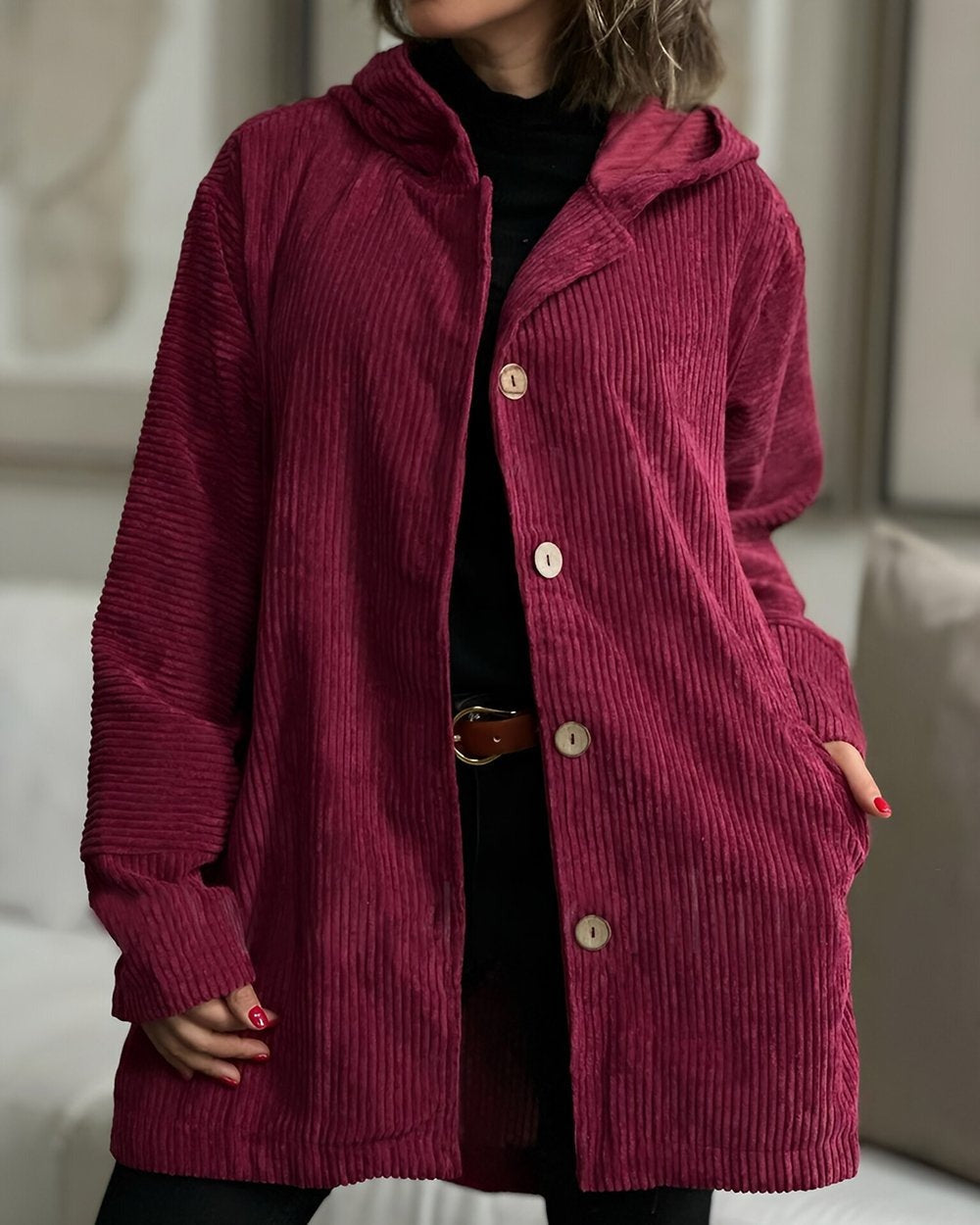 Women's ribbed hooded jacket with button front