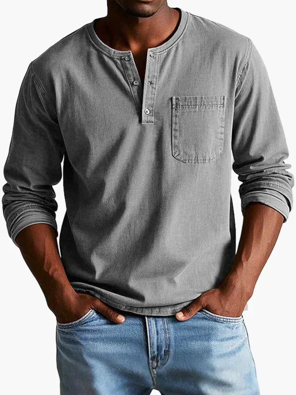 Men's plain grandad shirt with mandarin collar, buttons and chest pocket