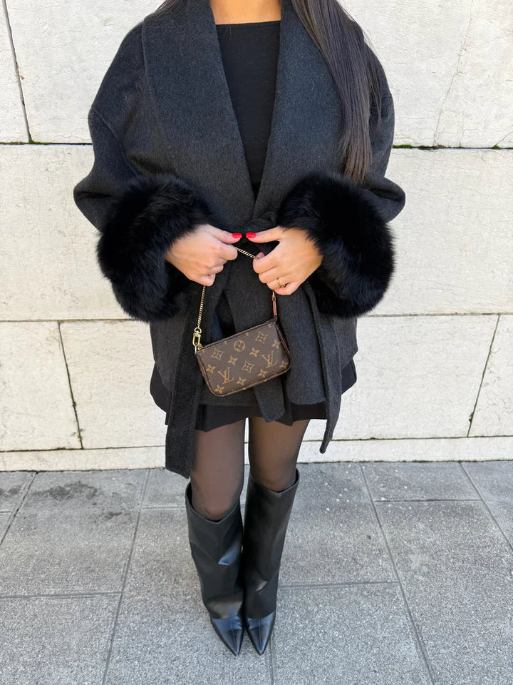 Women's belted wrap coat with fluffy cuffs