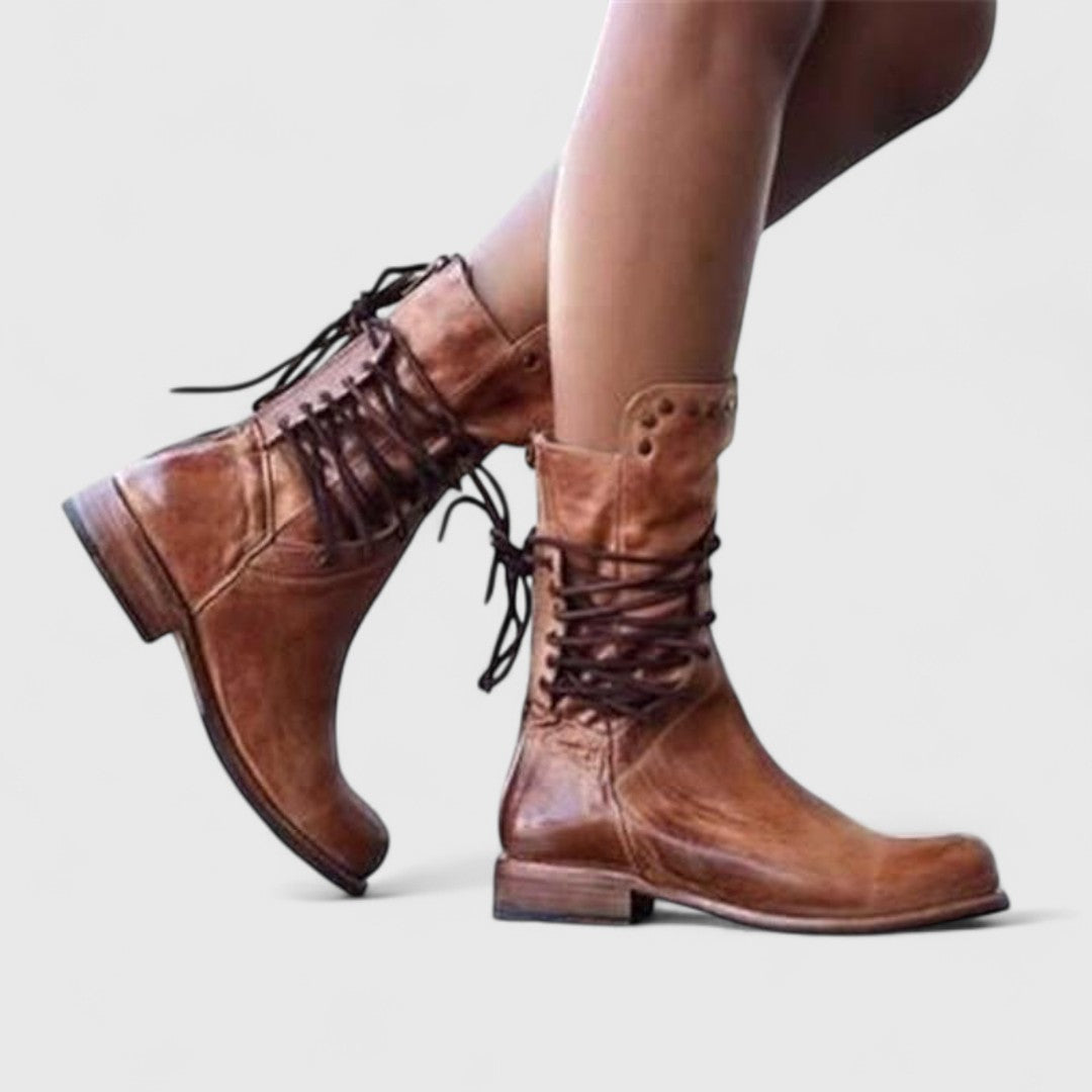 Women's lace-up mid-calf boots with stud trim, round toes and low block heels