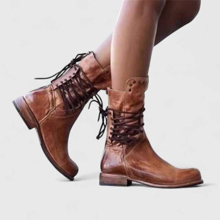 Women's lace-up mid-calf boots with stud trim, round toes and low block heels