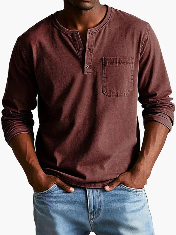 Men's plain grandad shirt with mandarin collar, buttons and chest pocket